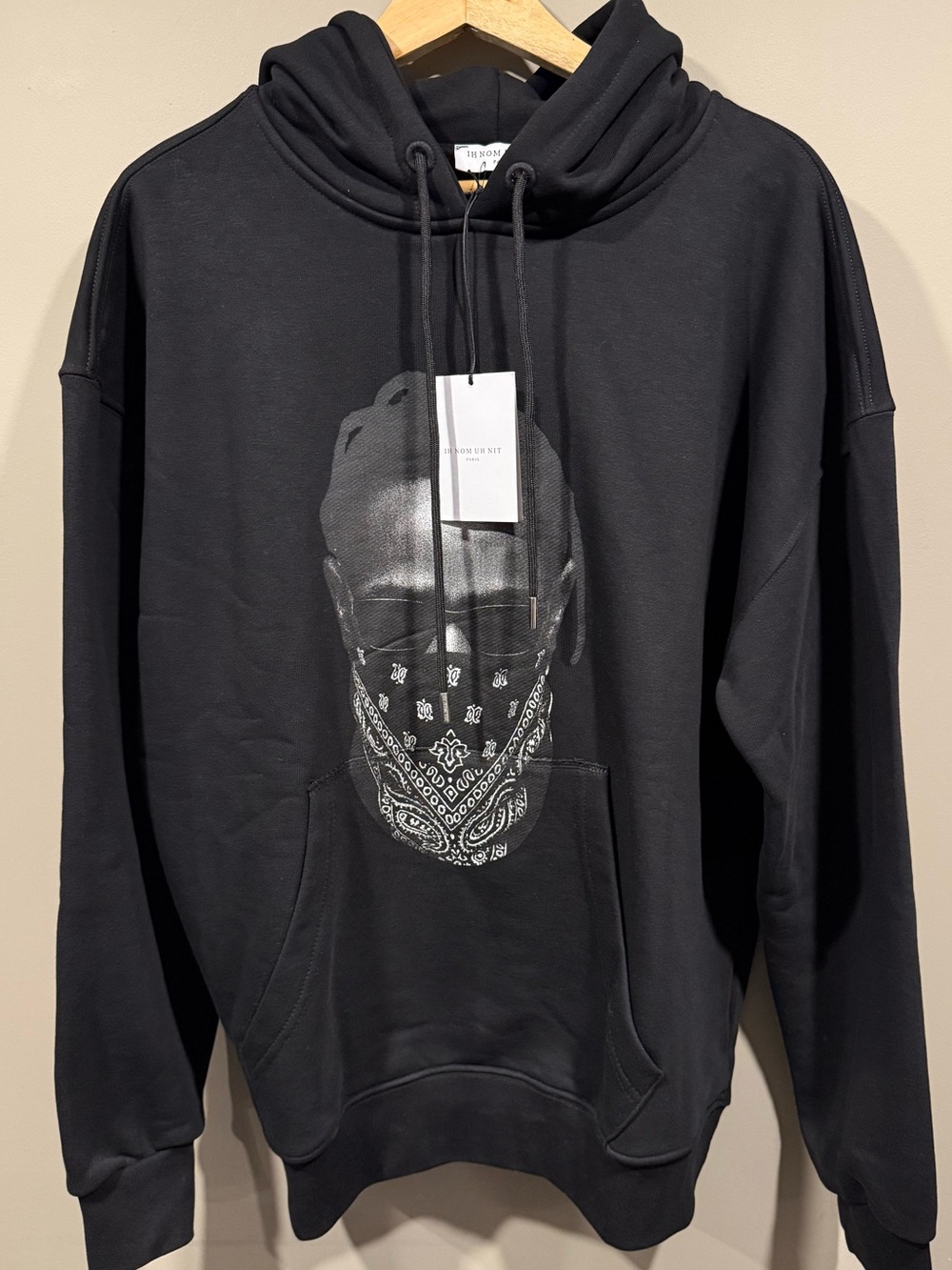 Mens Black Graphic Pullover Hoodie with Bandana Face Print